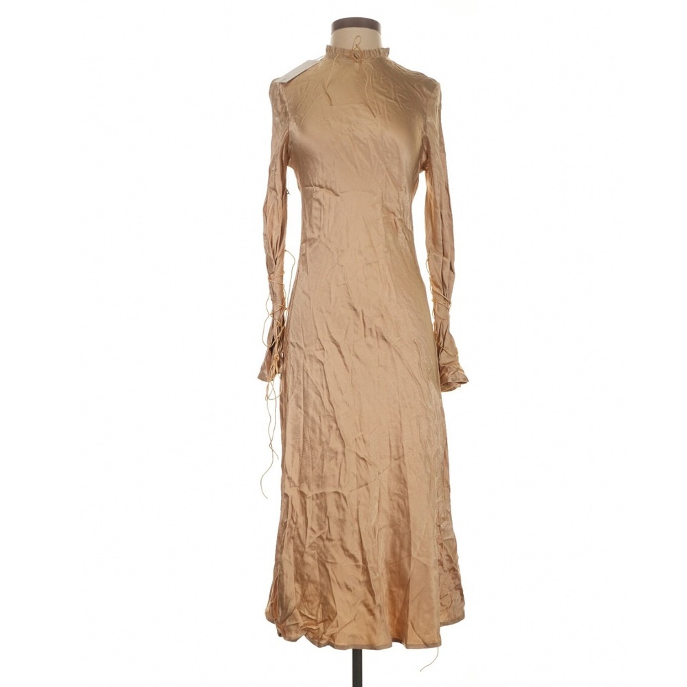 Avanel Couture Tan Satin Midi Dress Ruffle Neck Lace Up Bell Sleeve Small - Picture 4 of 9